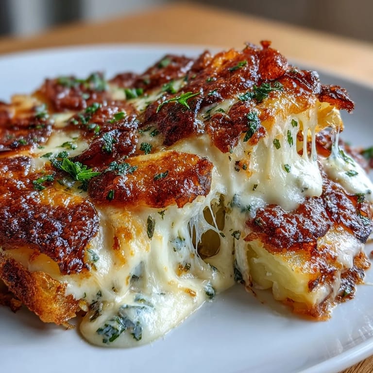 Rich gratin of smashed potatoes layered with Gruyère, mozzarella, and Parmesan, baked until golden and bubbling with cream.  