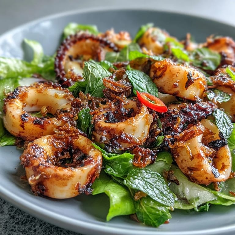 Fresh Chilli-Lime Squid Salad bursting with citrus flavor, topped with crispy shallots and garden herbs.