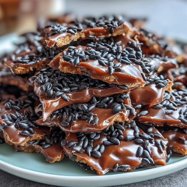 Golden caramel brittle studded with black sesame seeds, broken into shards for a satisfying crunch.  