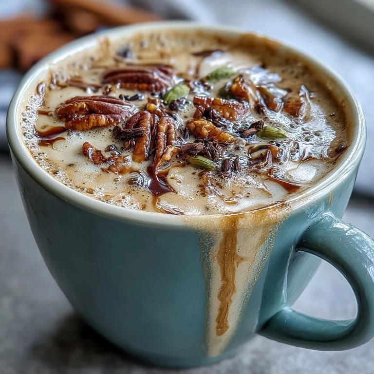 Creamy Cardamom Chai Latte served in a mug with a sprinkle of cinnamon, offering a comforting spiced tea experience.  