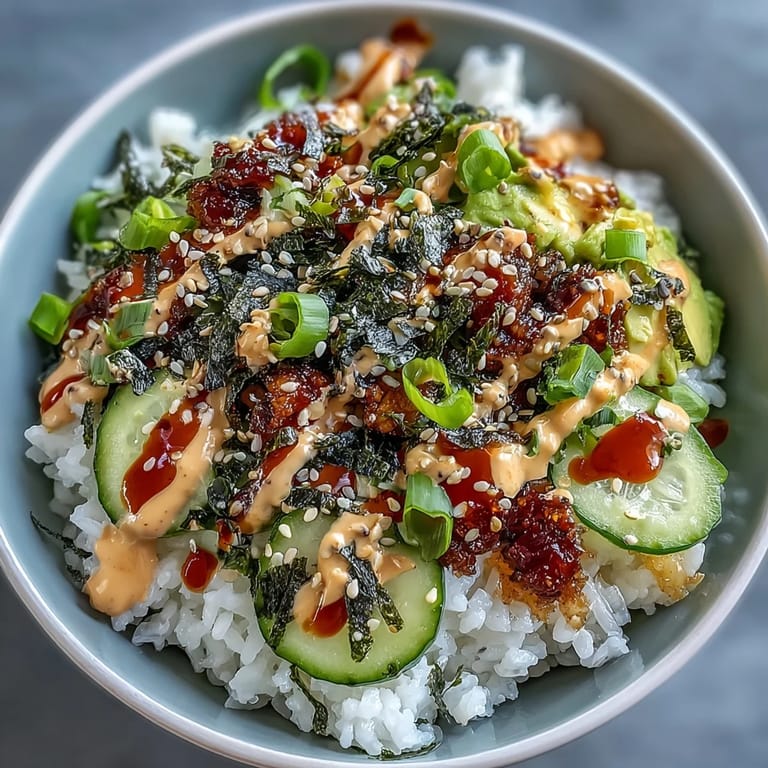 Colorful deconstructed sushi bowl with crisp vegetables, tender fish, and rich nori, perfect for a quick Japanese-inspired meal.