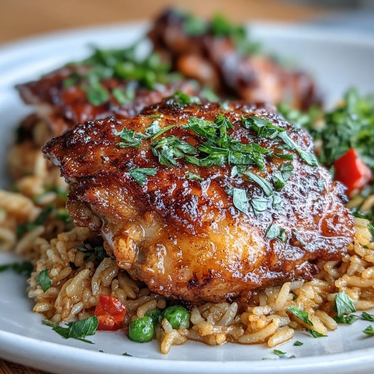 Flavorful Portuguese chicken and rice dish featuring golden seared thighs, fluffy basmati rice, and a medley of aromatic spices in a hearty dinner.