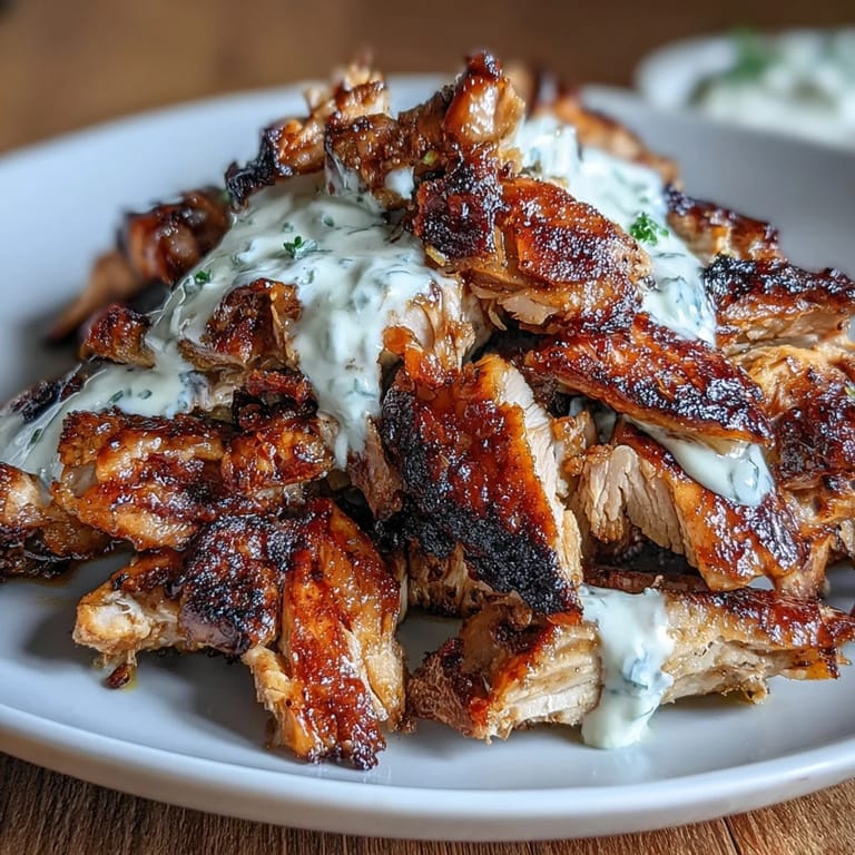 Tender chicken shawarma spiced with cumin and paprika, paired with a rich garlic sauce, perfect for wraps or grain bowls.