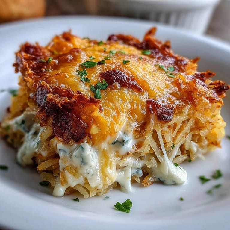 A comforting copycat Cracker Barrel hashbrown casserole loaded with shredded potatoes and bubbling cheese.