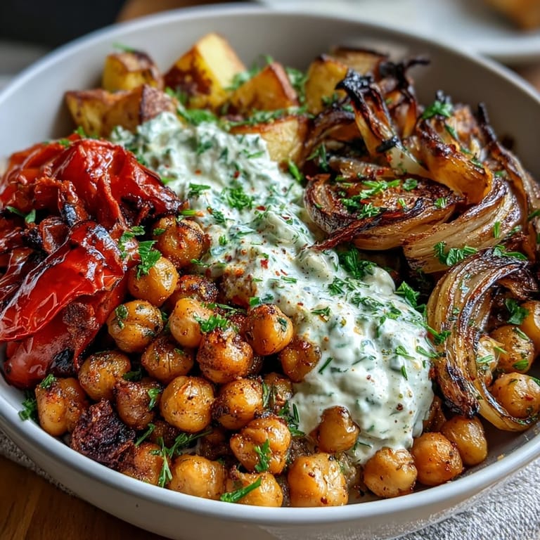 Golden roasted potatoes, bell peppers, and onions paired with chickpeas, served atop a rich, garlicky tzatziki sauce for a nourishing meal.