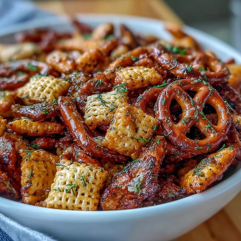 A baking sheet filled with freshly baked and seasoned Dill Pickle Chex Mix, showing individual pieces of cereal and pretzels with visible dill weed.