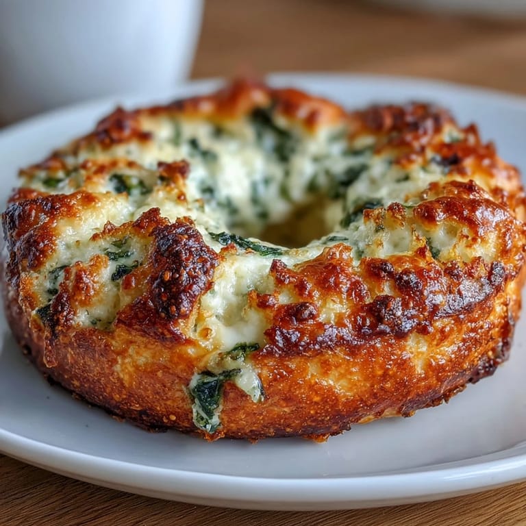 Golden baked flagels with vibrant spinach and creamy cottage cheese, offering a savory twist on traditional bagels.  