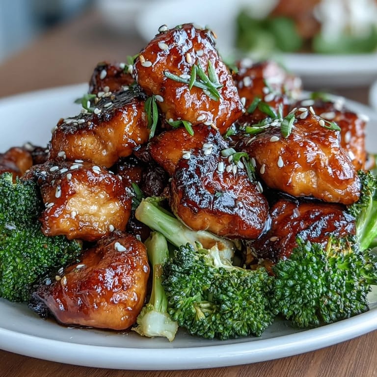 Savory honey garlic chicken bites cooked in the air fryer, served with crisp-tender broccoli for a flavorful dinner.