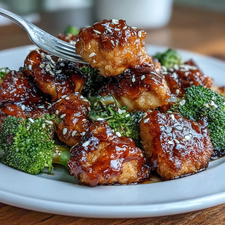 Golden chicken bites tossed in a rich honey garlic glaze, paired with perfectly air-fried broccoli for a healthy meal.  