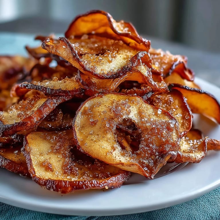 Close-up of air fryer apple chips dusted with cinnamon sugar, perfect for healthy snacking.