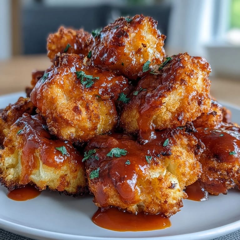 Spicy vegetarian cauliflower wings cooked to golden perfection in the air fryer, drizzled with homemade Buffalo sauce.