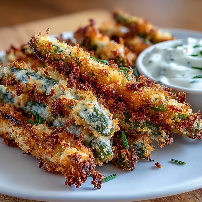 Golden, crunchy green bean fries fresh from the air fryer, paired with tangy homemade ranch yogurt dip for dipping.  