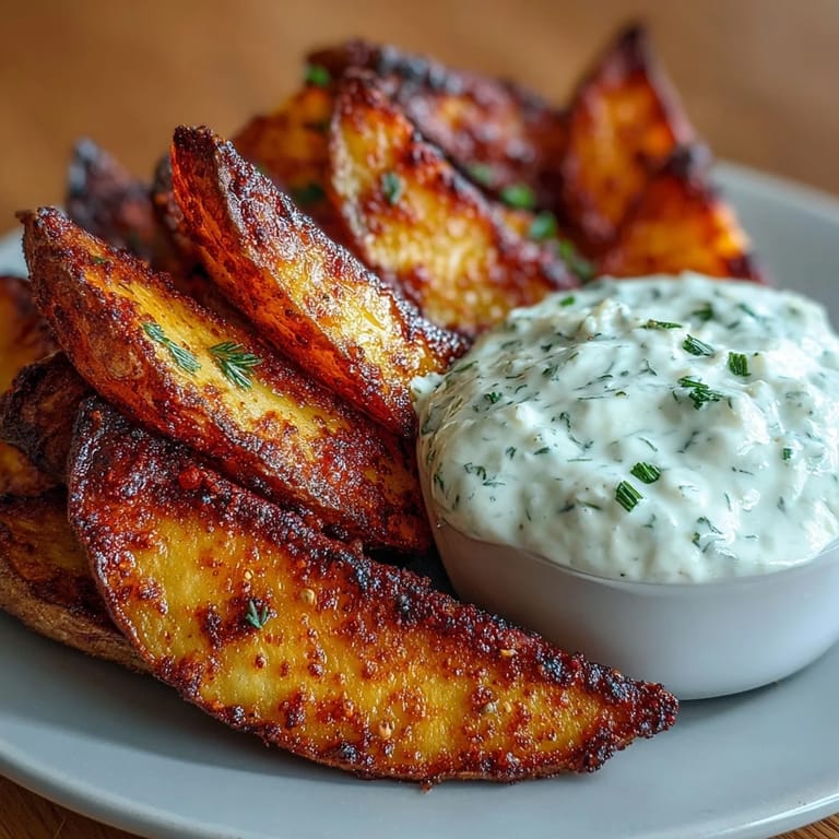 Hot, crunchy potato wedges straight from the air fryer, accompanied by a zesty spring onion dip.