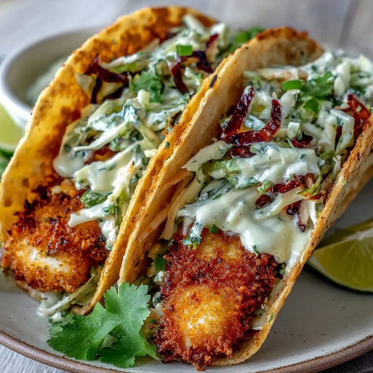 Vibrant cabbage slaw, crispy air-fried fish, and zesty sauce fill soft tortillas for a fresh taco dinner.  