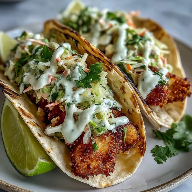 These easy air fryer fish tacos are topped with crunchy cabbage slaw and drizzled with creamy lime sauce.