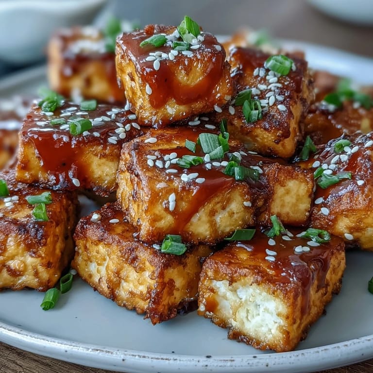 Crispy tofu bites tossed in tangy sweet chili sauce, garnished with sesame seeds for an Asian-inspired dish.