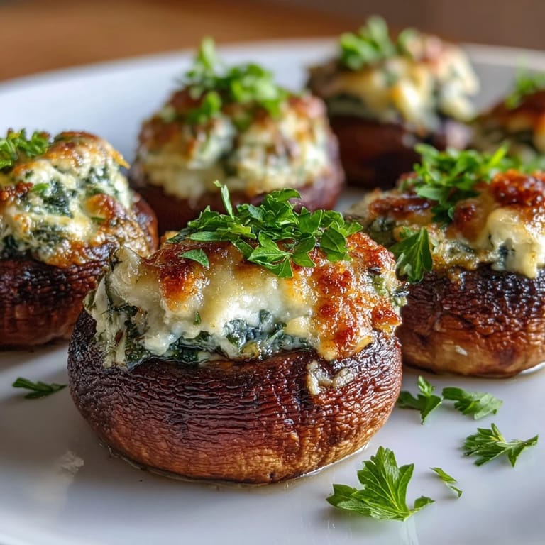 Savory air fryer stuffed mushrooms, packed with spinach and cream cheese, topped with Parmesan and parsley.