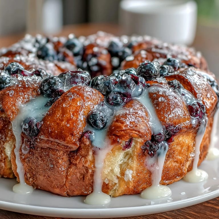 Warm Lemon Blueberry Sourdough Pull-Apart Bread drizzled with zesty lemon glaze, offering bright citrus flavor in every soft, fruity bite.