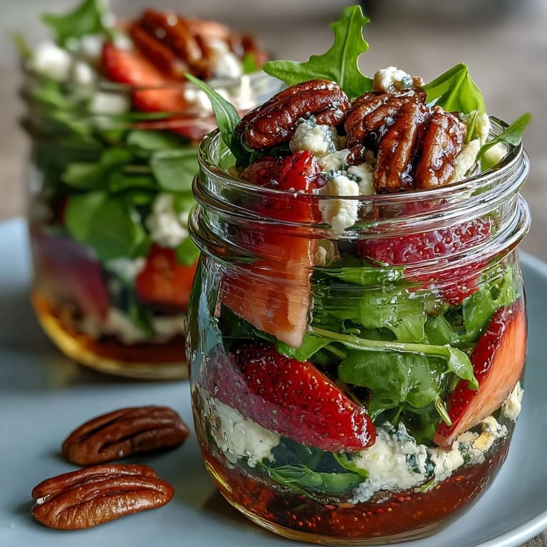 Layered salad jar filled with juicy strawberries, creamy goat cheese, crisp greens, and toasted pecans, perfect for outdoor gatherings.  