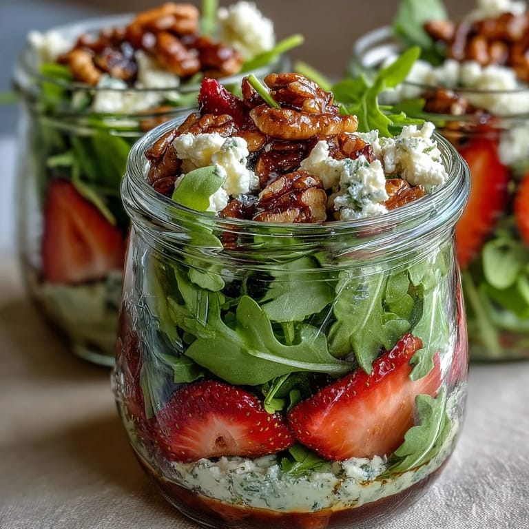 Vibrant picnic salad in a jar featuring sweet strawberries, tangy goat cheese, and crunchy walnuts with a honey balsamic vinaigrette.