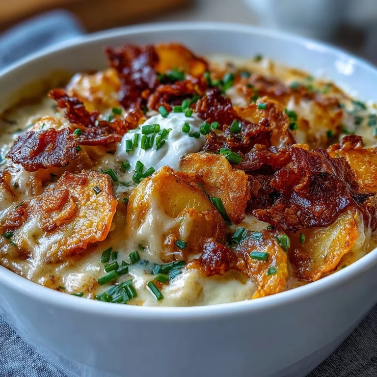 Loaded baked potato soup inspired by funeral potatoes, topped with crumbled bacon, sour cream, and kettle chips.