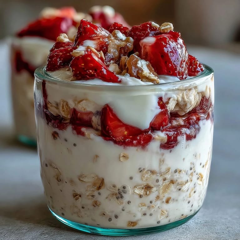 Sweet strawberries and vanilla yogurt top rich overnight oats, capturing the flavor of strawberry shortcake in a healthy, make-ahead meal.