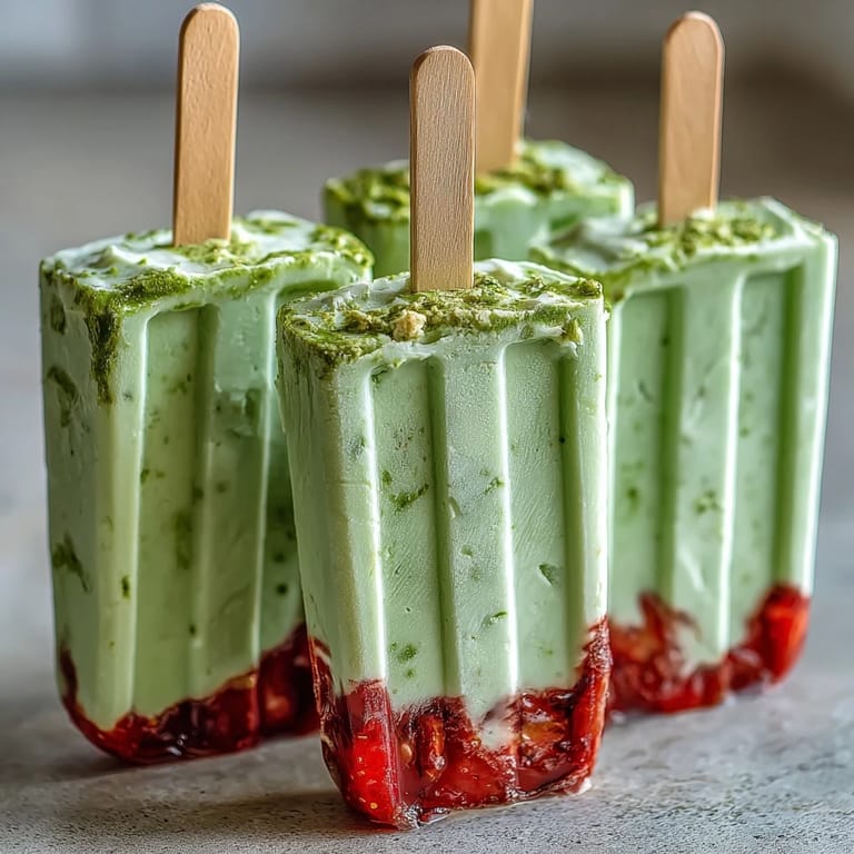 Sweet strawberries blended with rich matcha cream create these eye-catching layered popsicles perfect for warm days.