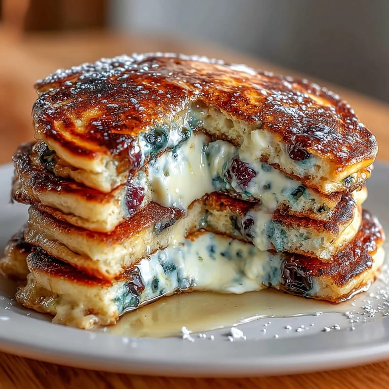 Golden pancakes with sourdough tang, fresh blueberries, and zesty lemon, served warm and ready for maple syrup.