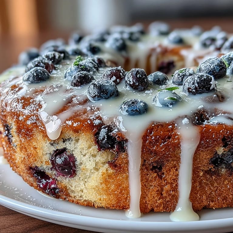 Zesty lemon and juicy blueberries shine in this moist sourdough cake, baked in a cast iron skillet and finished with a sweet lemon glaze.