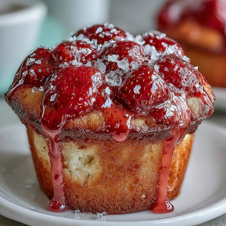 Fluffy strawberry muffins bursting with fresh berries, finished with a tangy lemon glaze for extra flavor.