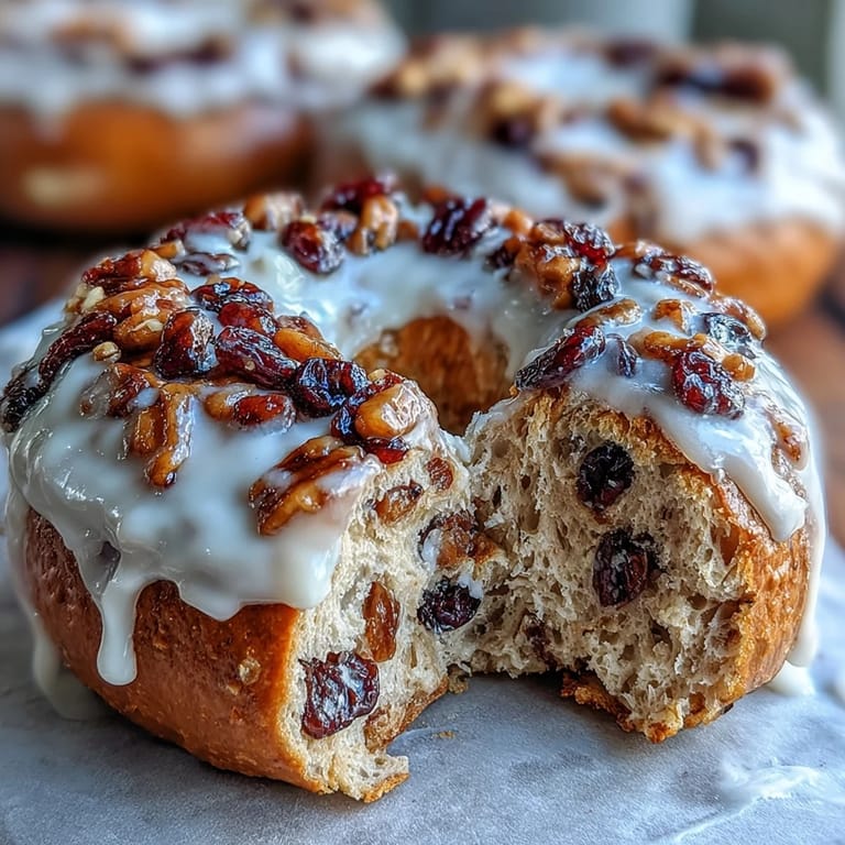 Golden baked cinnamon raisin bagels, infused with vanilla protein and juicy raisins, finished with a creamy Greek yogurt glaze for a nourishing breakfast treat.
