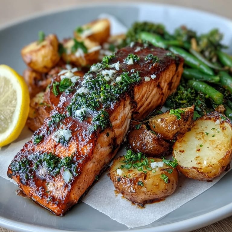 Flavorful sheet pan salmon recipe with green beans and potatoes, baked with olive oil, garlic, and fresh herbs for a quick dinner.