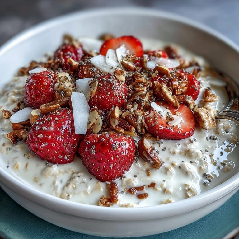 Creamy overnight oats with strawberry and chia, featuring a vibrant red fruit layer and crunchy nut topping in a mason jar.