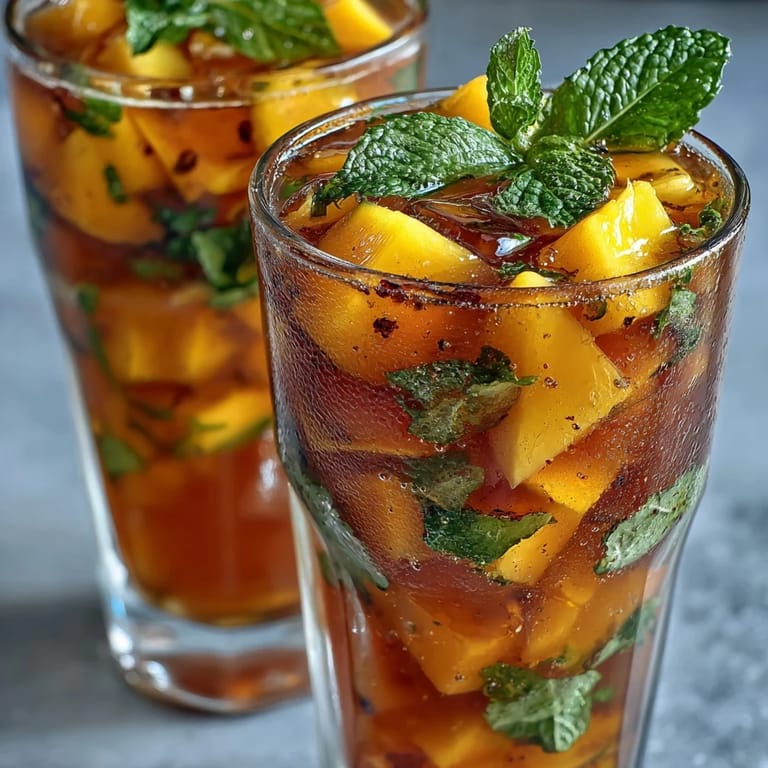 Refreshing mango peach iced tea with a sprig of mint, perfect for a hot summer day.