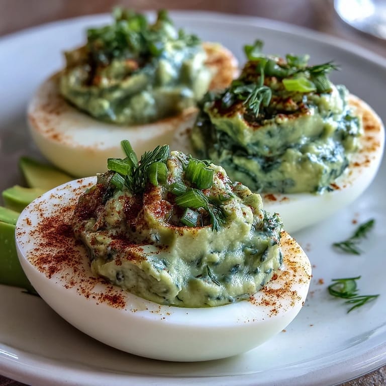 Vibrant green deviled eggs filled with avocado, chives, and dill, served chilled as a festive appetizer.  