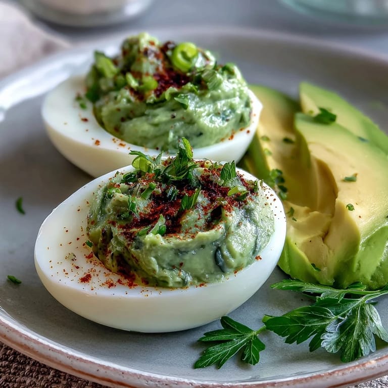Spring-inspired avocado deviled eggs garnished with paprika, ideal for entertaining or light, nutritious bites.