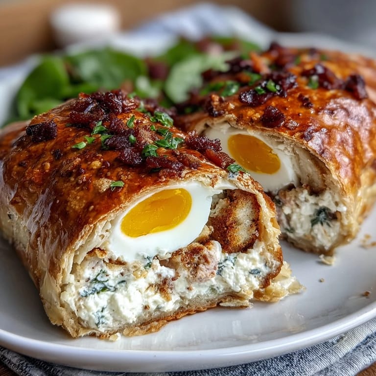 Golden puff pastry savory pie with ham, spinach, and whole hard-boiled eggs baked inside for a stunning Easter centerpiece.