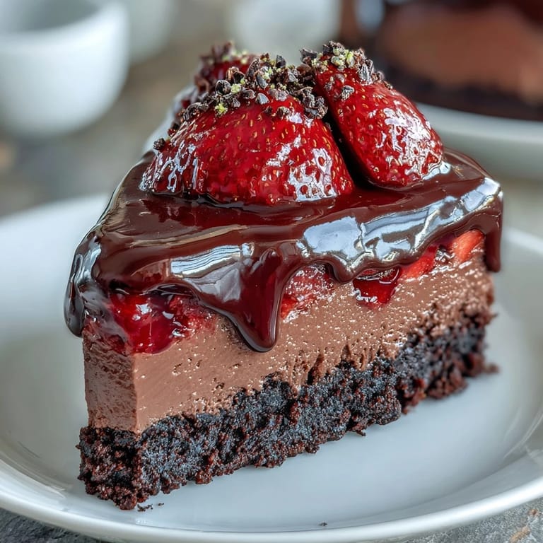 Decadent no-bake cheesecake cups with rich chocolate ganache, juicy strawberries, and crunchy pistachios, perfect for elegant entertaining.