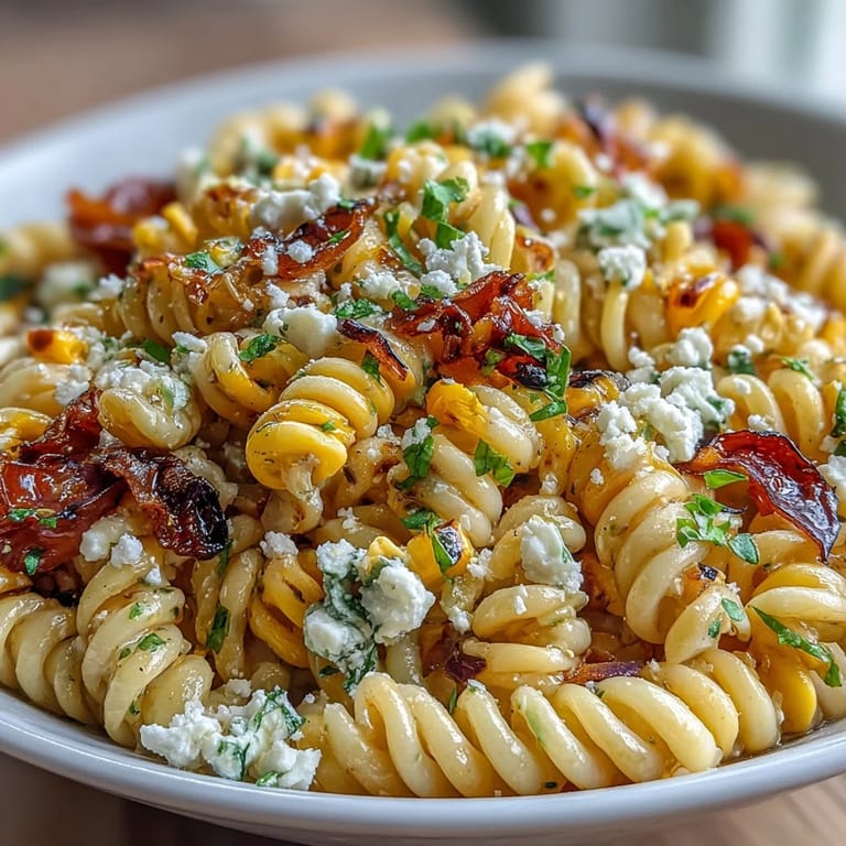 Vibrant elote corn pasta featuring sweet charred corn, zesty lime dressing, and crumbled Cotija cheese, ideal for a refreshing vegetarian meal.