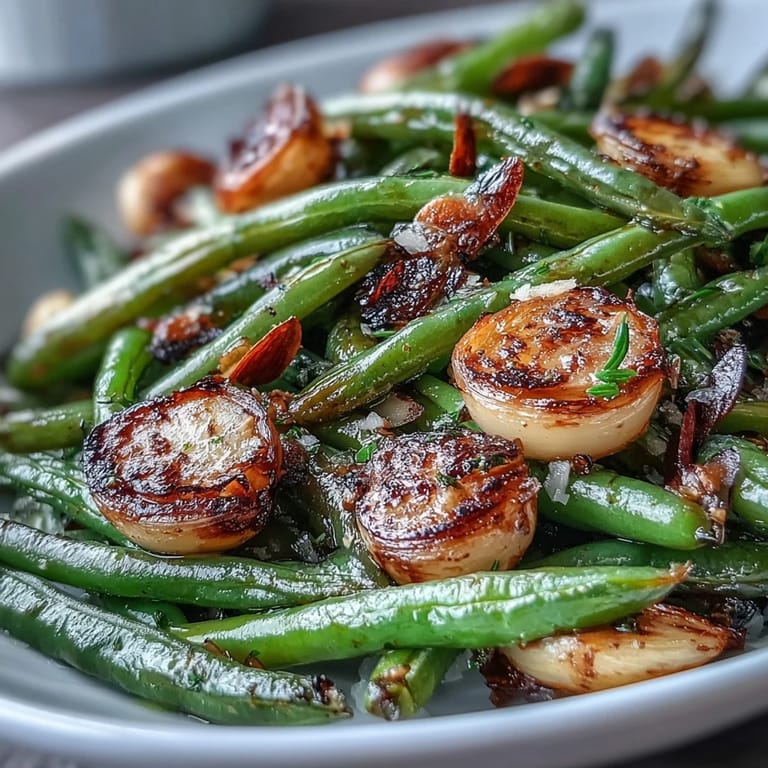 Tender green beans tossed with olive oil, garlic, and black pepper, roasted until blistered and fragrant for a vibrant side.