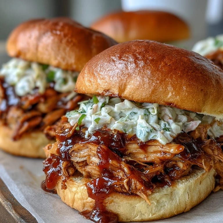 3. Tender pulled BBQ chicken smothered in rich sauce, topped with crisp coleslaw for a classic American sandwich.