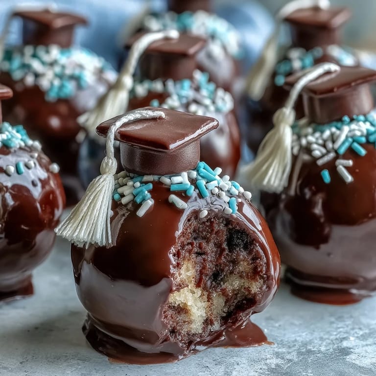Graduation party dessert featuring moist cake pops in school colors, decorated with edible toppers and drizzled with chocolate for a show-stopping treat.