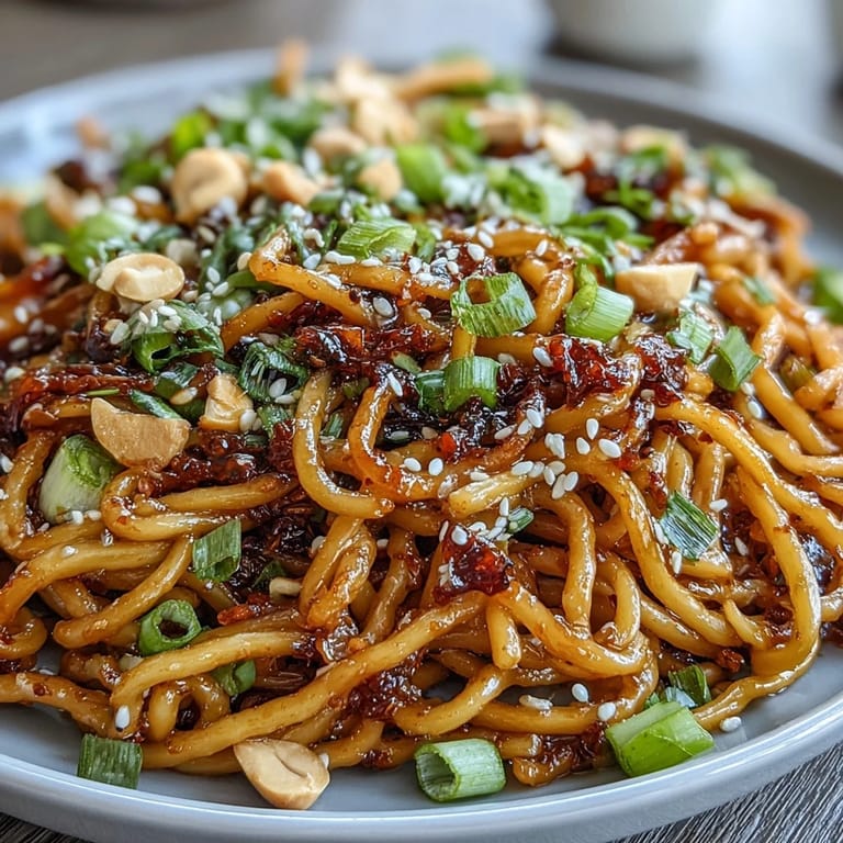 Spicy and savory chili crisp noodles with aromatic garlic, vibrant scallions, and crisp vegetables served in a glossy, umami-rich sauce.