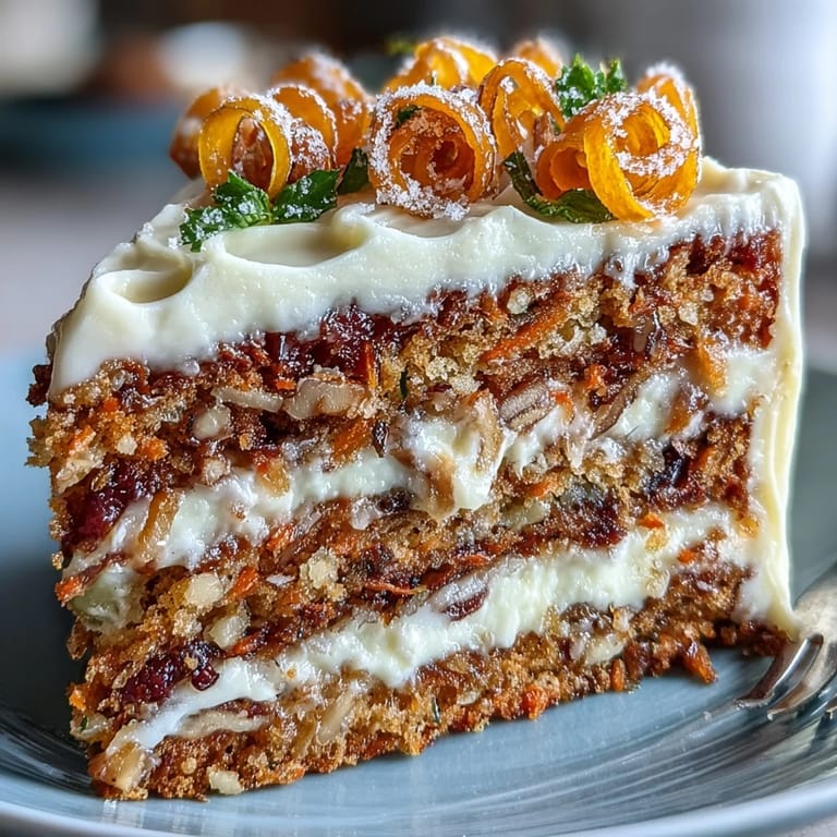 Festive Easter carrot cake featuring spiced layers, smooth cream cheese frosting, and charming candied carrot decorations for spring.