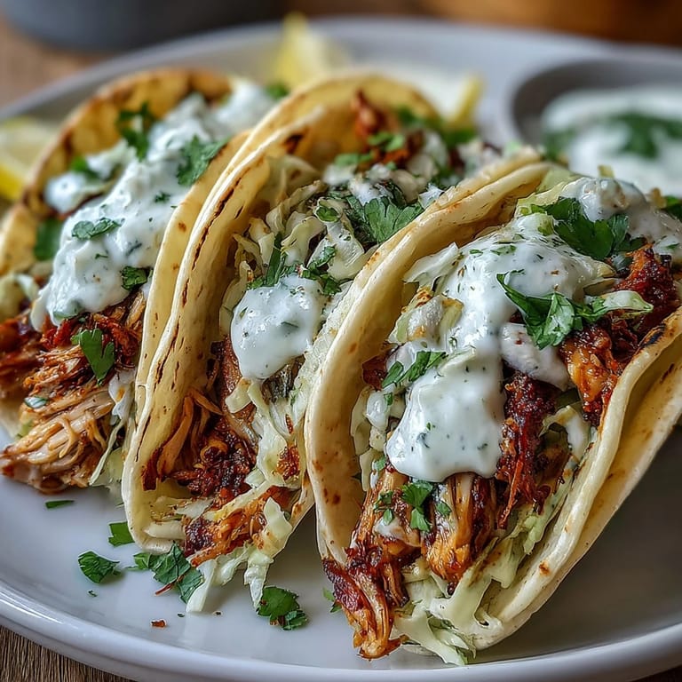 Fresh Roasted Chicken Cabbage Tacos topped with vibrant cabbage slaw and zesty lemon crema.  