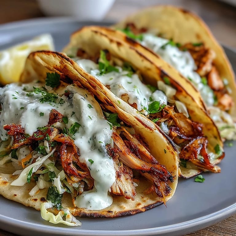 Flavorful Roasted Chicken Cabbage Tacos featuring tender chicken, crisp slaw, and creamy lemon sauce.