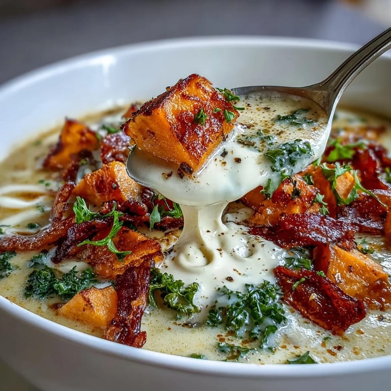 Warm bowl of Smoky Sweet Potato Chowder topped with golden pancetta and fresh kale.  