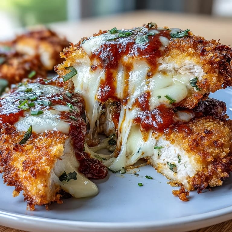 Juicy chicken breasts coated in seasoned panko and Parmesan, air fried until crispy, then topped with bubbling cheese and marinara.