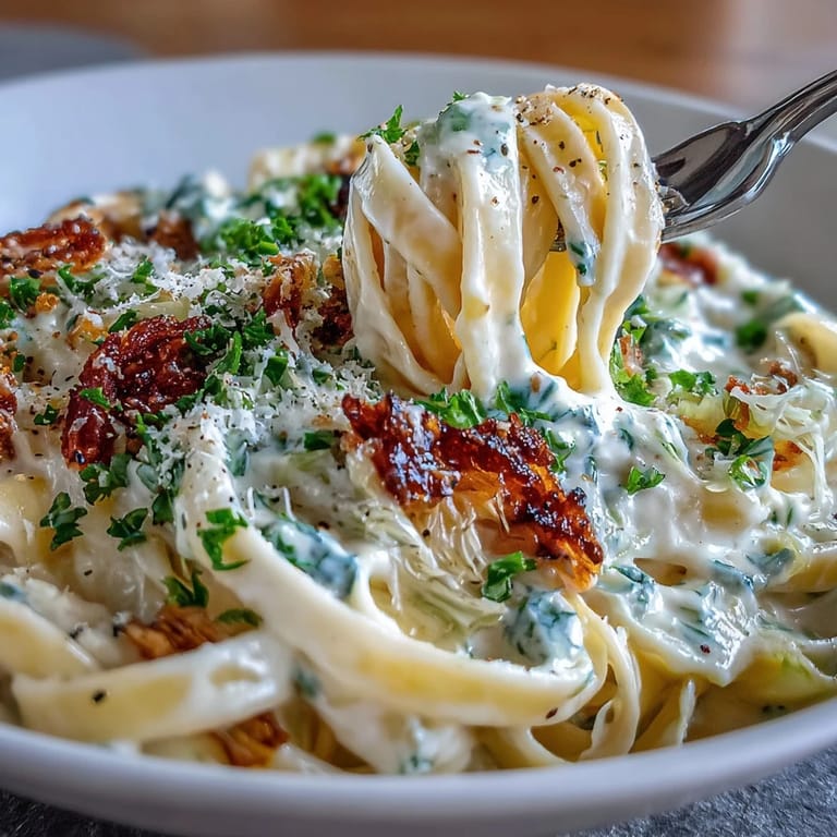 Velvety Alfredo pasta dish featuring green cabbage, garlic, and freshly grated Parmesan for a comforting meal.