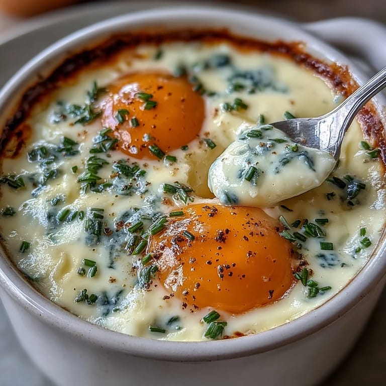 Baked eggs en cocotte with chives, parsley, and parmesan in rich cream, perfect for a light supper.